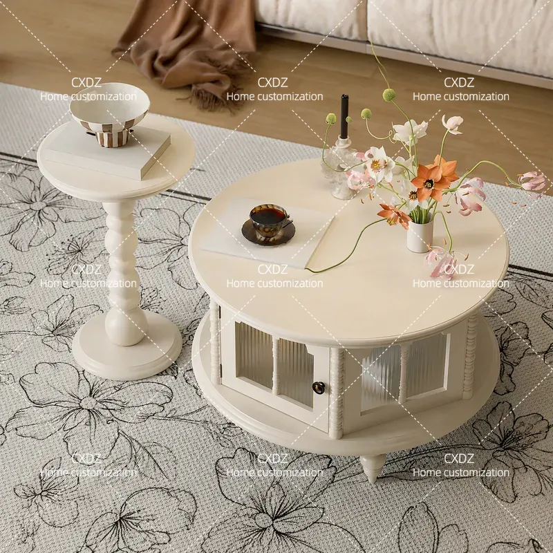 Coffee Plus Tea - cream white solid wood round coffee